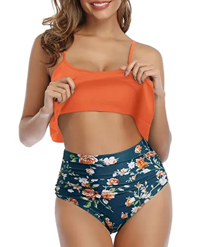 Feminine Ruffle High Waisted Ruched 2 Piece Bikini Set-Orange Flowers