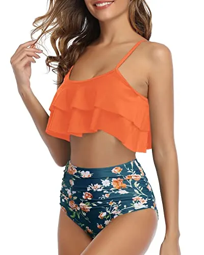 Feminine Ruffle High Waisted Ruched 2 Piece Bikini Set-Orange Flowers