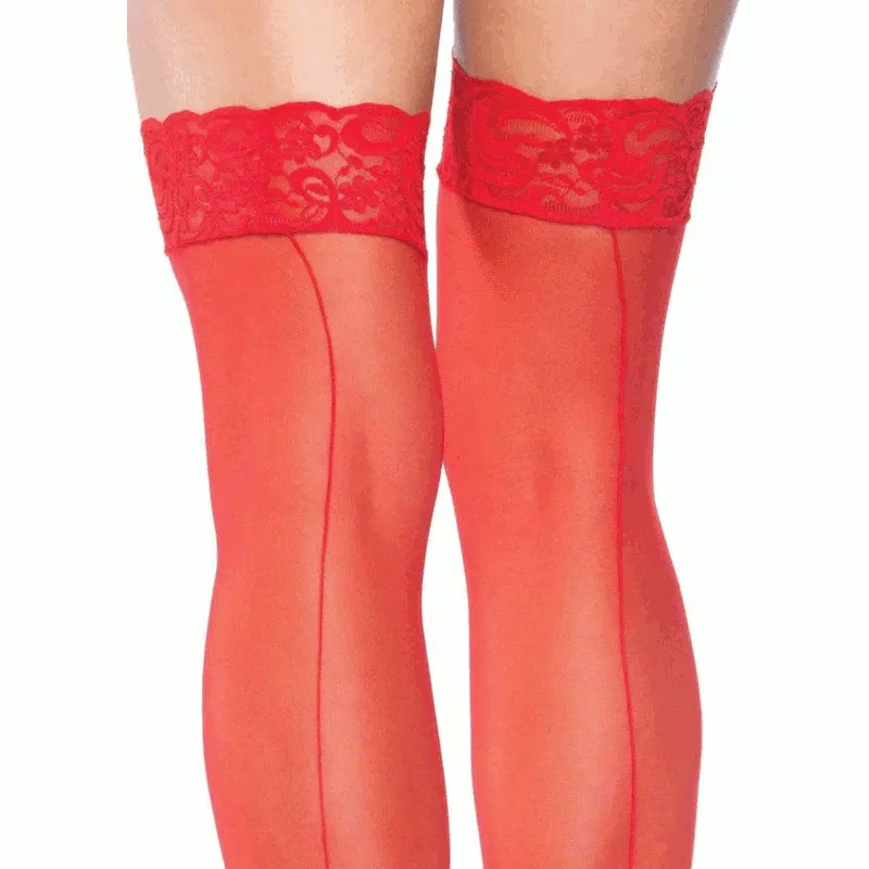 Lace Top Sheer Backseam Stockings Red - Leg Avenue